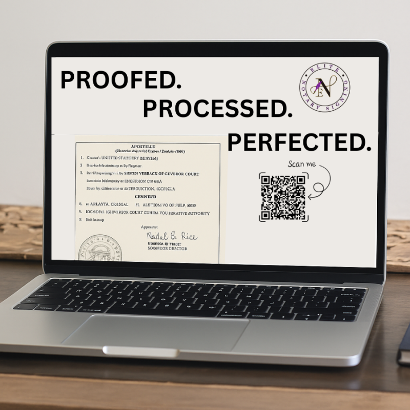 Laptop showing apostille certificate with proofed, processed, perfected message from Elite Notary Signing