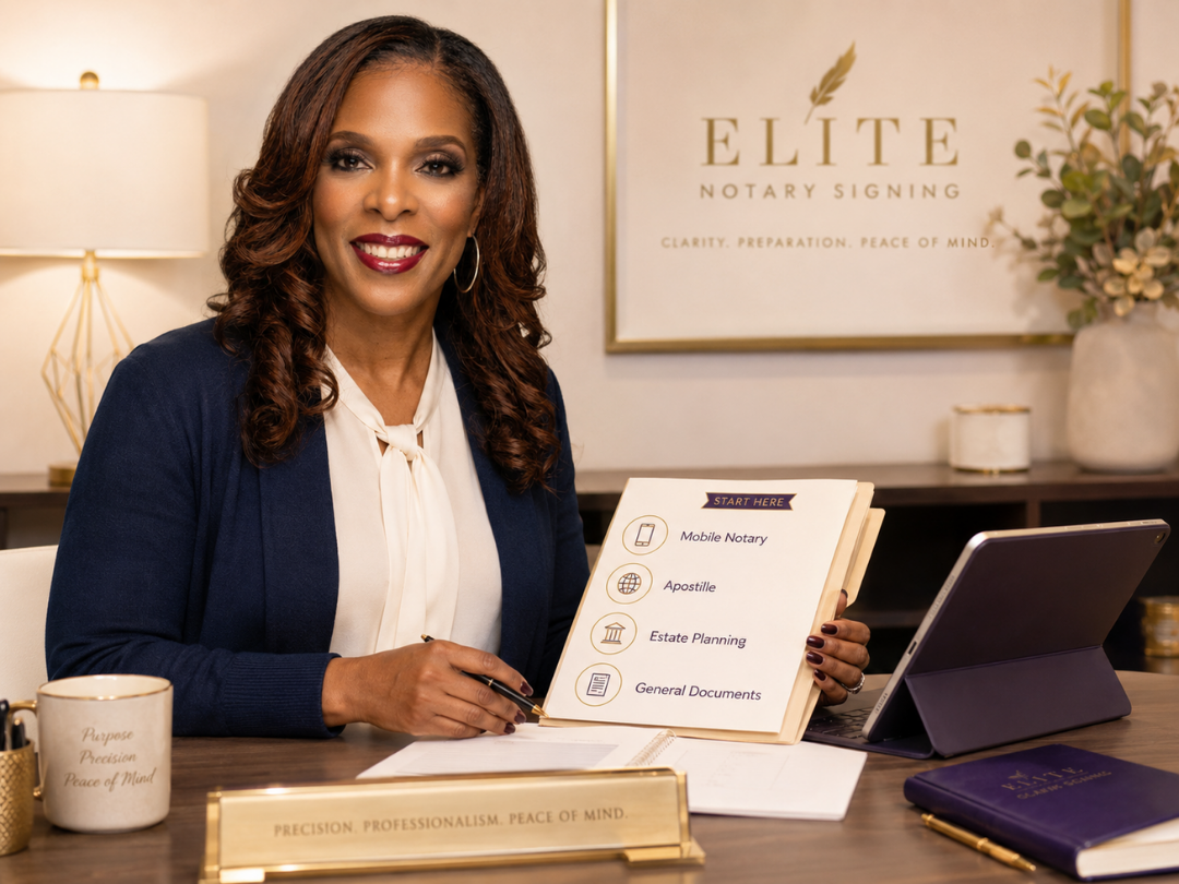 Chermaine Smith of Elite Notary Signing seated at a professional desk holding a Start Here guide for mobile notary, apostille, estate planning, and general document services.