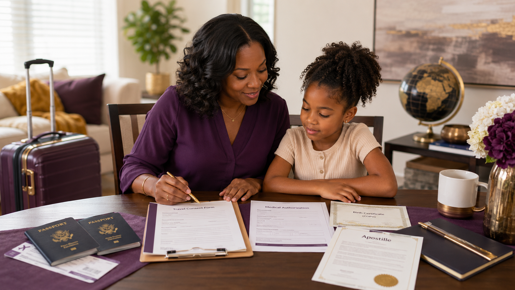 African American woman and child review passports, travel consent forms, medical authorization paperwork, birth certificate copy, and apostille documents at home before international travel from Georgia.