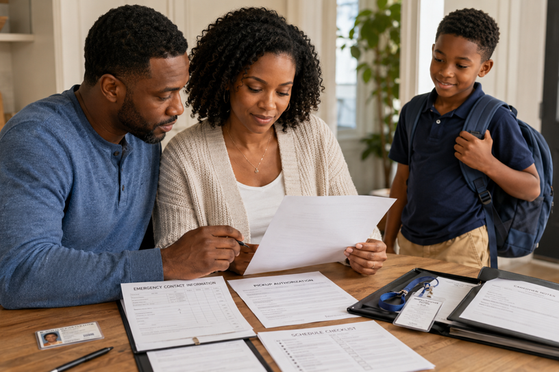 A family pauses on the first day of a new school, work, ministry, or caregiving schedule while reviewing forms, identification, emergency information, and handoff instructions.