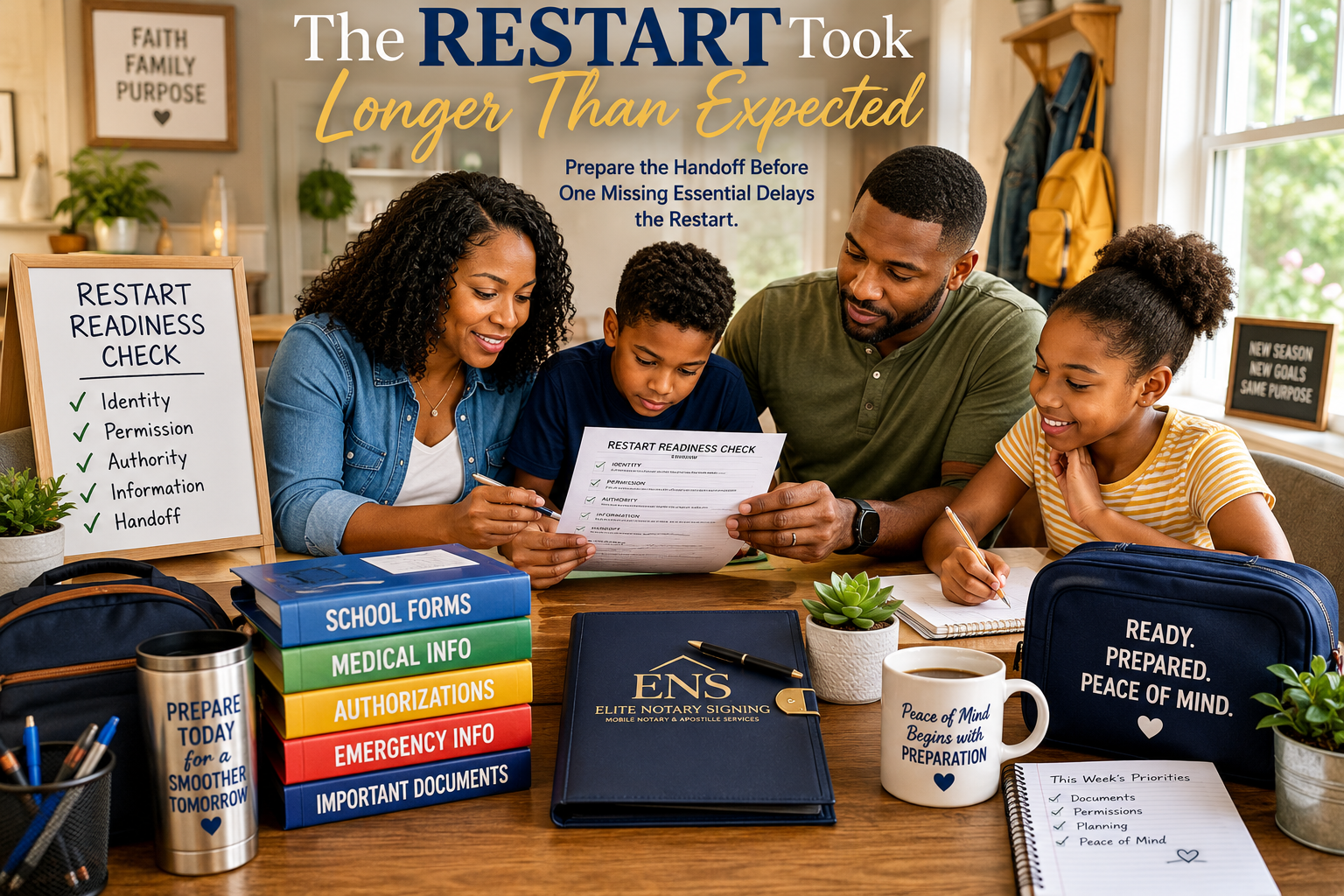 A family reviews school forms, caregiver authorizations, identity records, and emergency information together while preparing for a school, work, and ministry restart.
