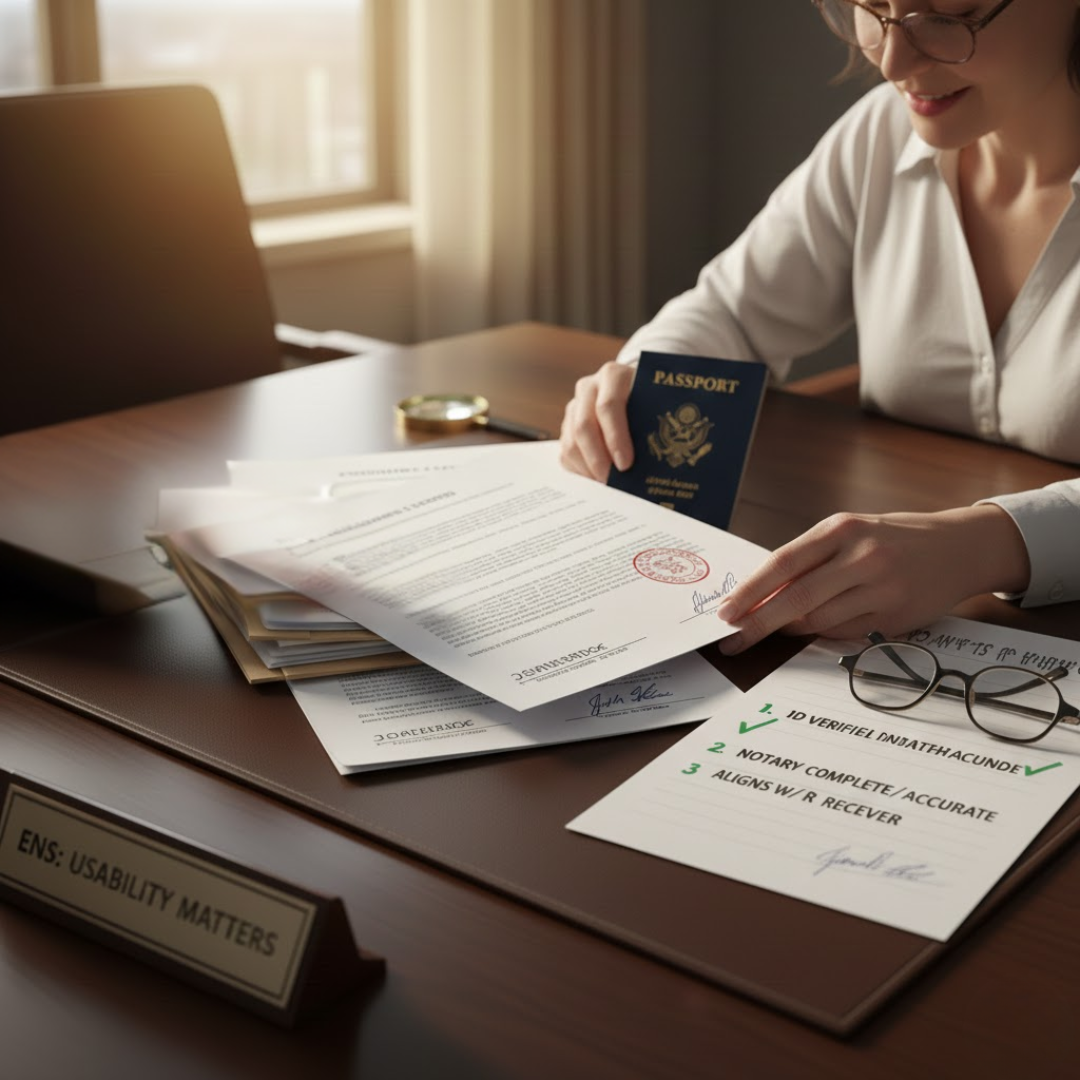 Notarized documents being checked for accuracy and completeness before submission.