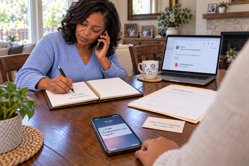 Woman coordinates family paperwork by phone and writes appointment notes while a laptop shows a document email and another phone displays an appointment update.