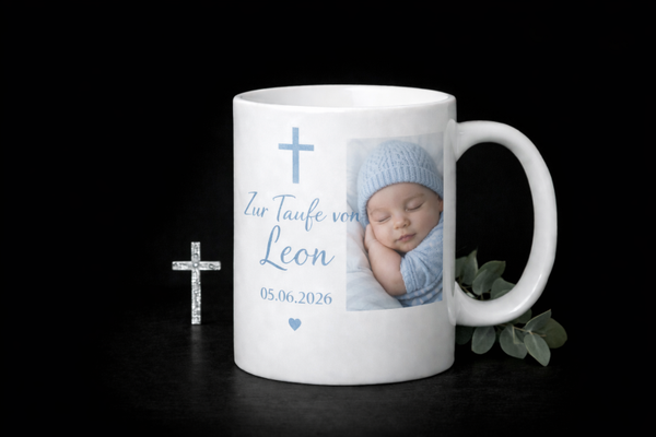 🕊️ Personalisierte Tauftasse mit Foto – Junge