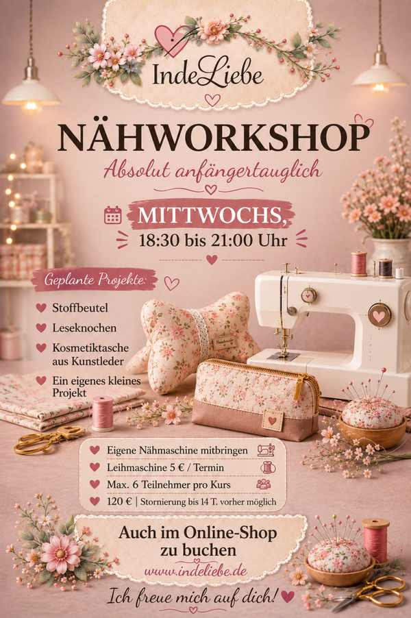 Workshop Nähen für Anfänger ab 05.08.2026 ( Mittwochs  18.30-21.00 Uhr )