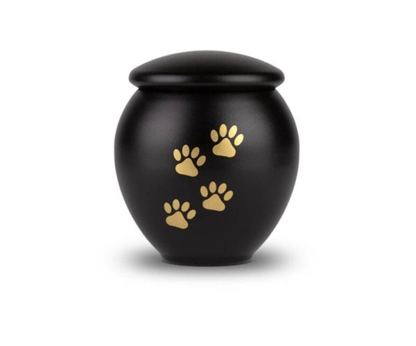 Metaal dierenurn met gouden poot afdruk- Eternal Black medium