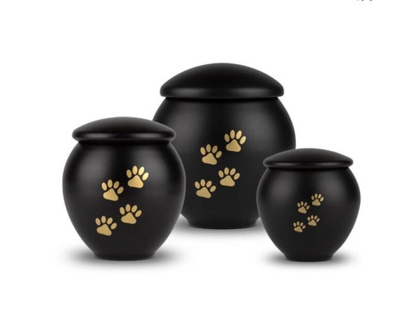 Metaal dierenurn met gouden poot afdruk- Eternal Black Small