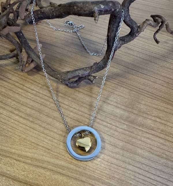 RVS ashanger rond met  goudkleurig hart "Love you to the moon"