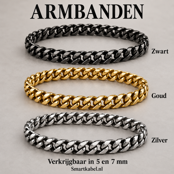 Schakelarmband – RVS – 5 mm & 7 mm – Zwart, Goud & Zilver