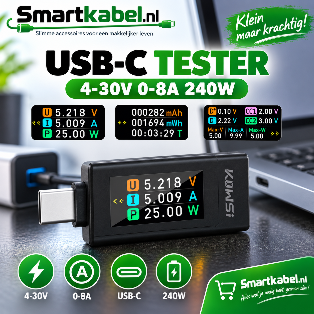 USB-C Tester 240W met Kleurenscherm – Watt, Volt & Ampère Meter