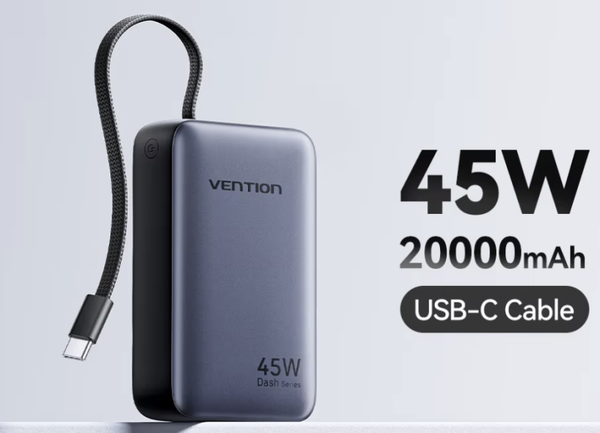 Powerbank 20.000mAh 45W Snellader met Ingebouwde USB-C Kabel – Beige of Grijs