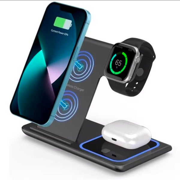 3-in-1 Draadloos Oplaadstation – Telefoon, Horloge & Oordopjes ⚡📱⌚