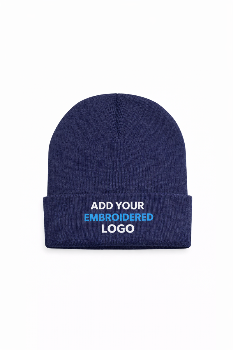 navy blue beanie with add your embroidered logo on front custom workwear beanie for business branding