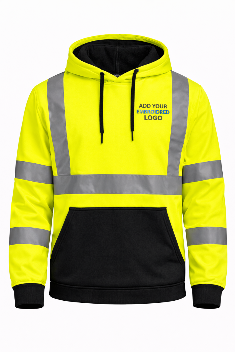 high visibility hoodie with add your embroidered logo on left chest custom hi vis workwear branding