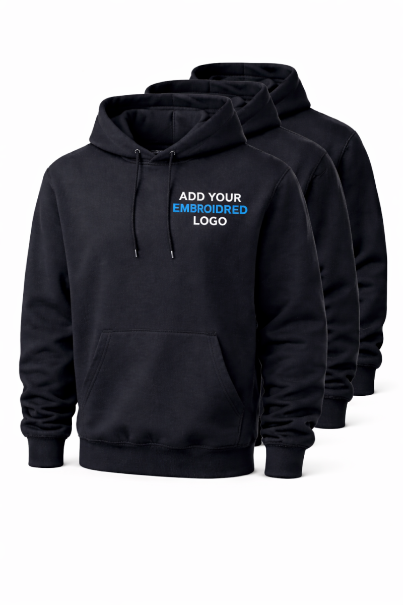 Pack of black custom embroidered hoodies with chest logo, professional workwear hoodies for businesses, teams and staff uniforms in the UK.