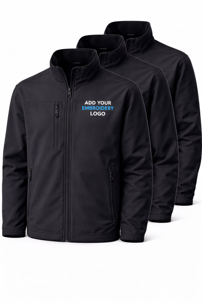 Pack of black custom embroidered workwear jackets with chest logo, softshell jacket bundle for businesses, teams and staff uniforms in the UK