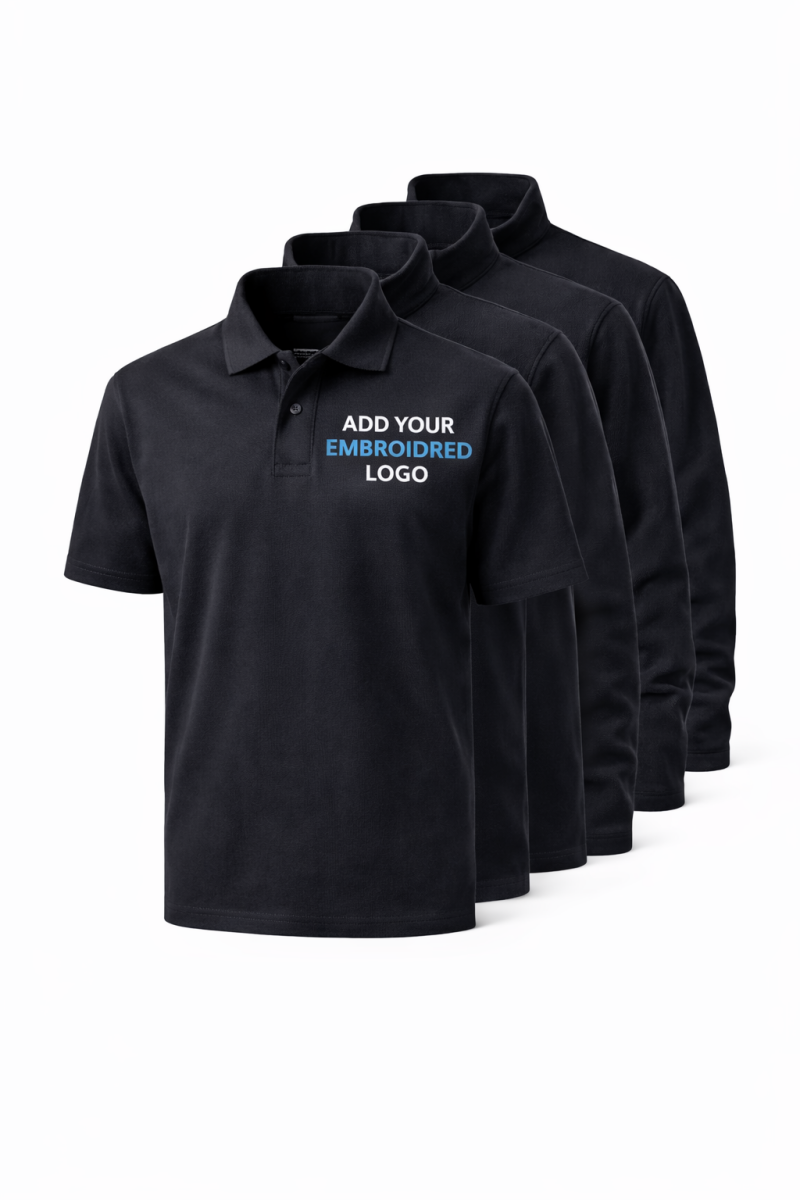 Pack of black custom embroidered polo shirts with example left chest embroidered logo for workwear uniforms and company branding.