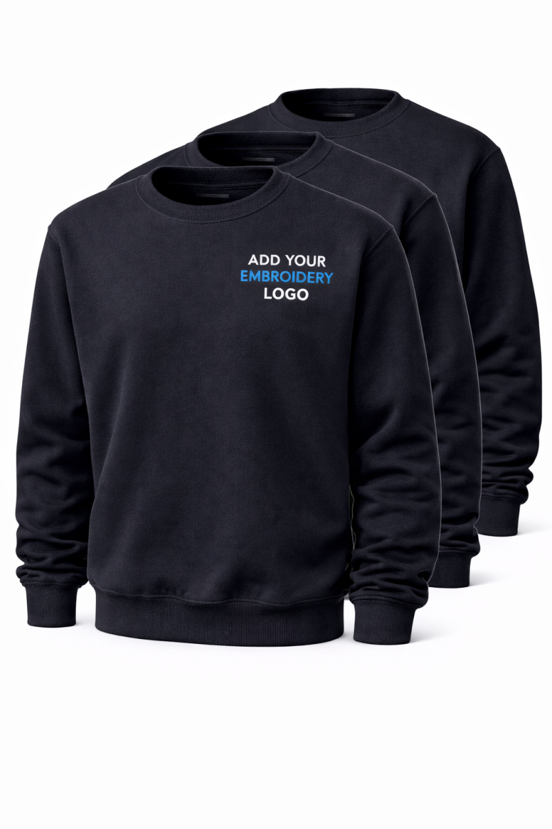 Pack of black custom embroidered sweatshirts with chest logo, workwear sweatshirts bundle for businesses, teams and staff uniforms in the UK.