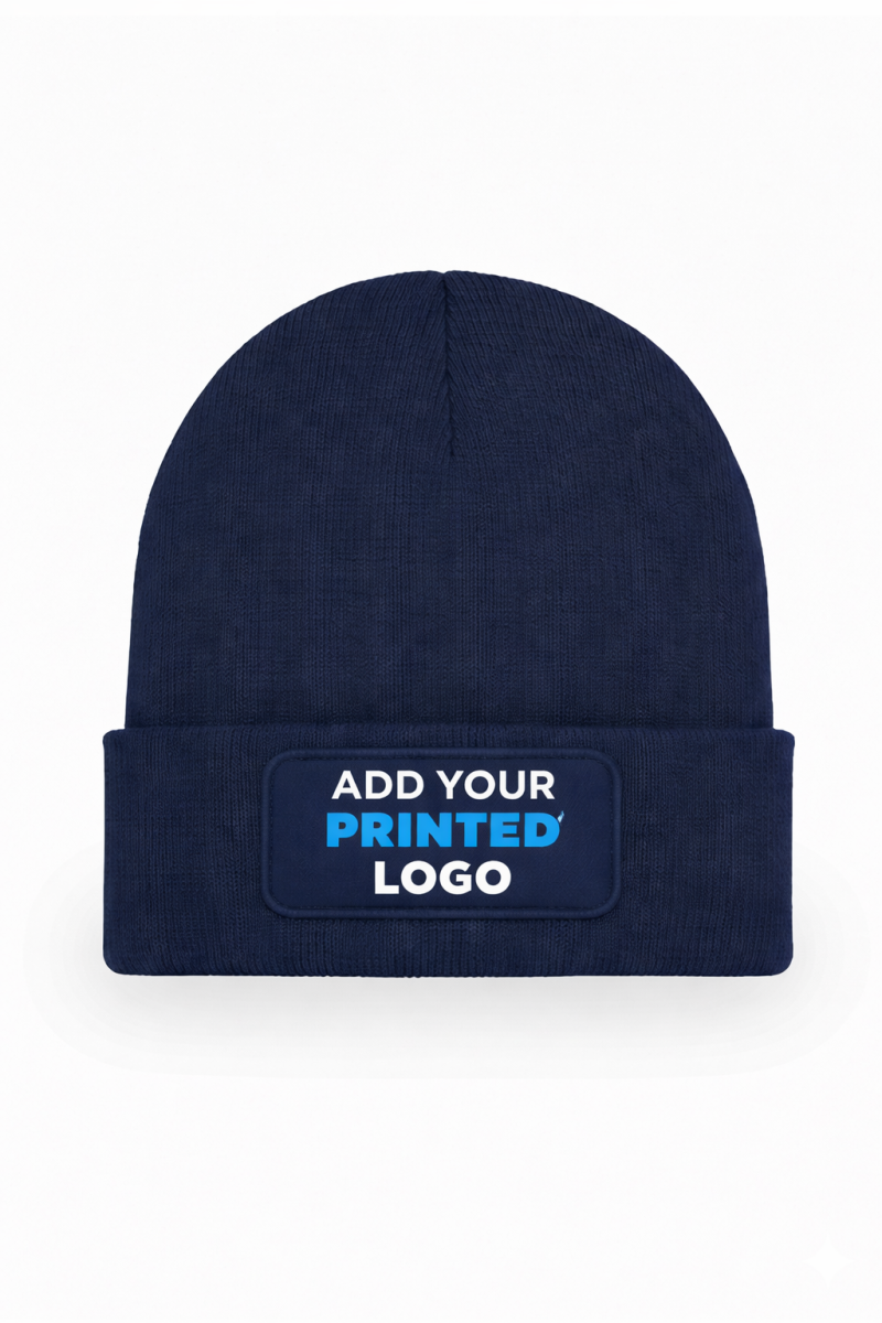 navy blue beanie hat with add your printed logo patch on front custom workwear beanie branding