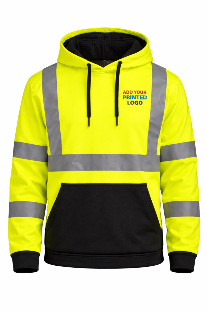 high visibility hoodie with add your printed logo on left chest custom hi vis workwear branding