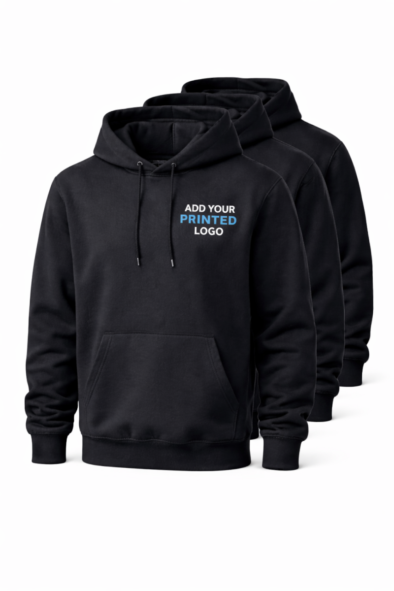 Pack of black custom printed hoodies with logo on chest, printed workwear hoodies for businesses, teams and staff uniforms in the UK.