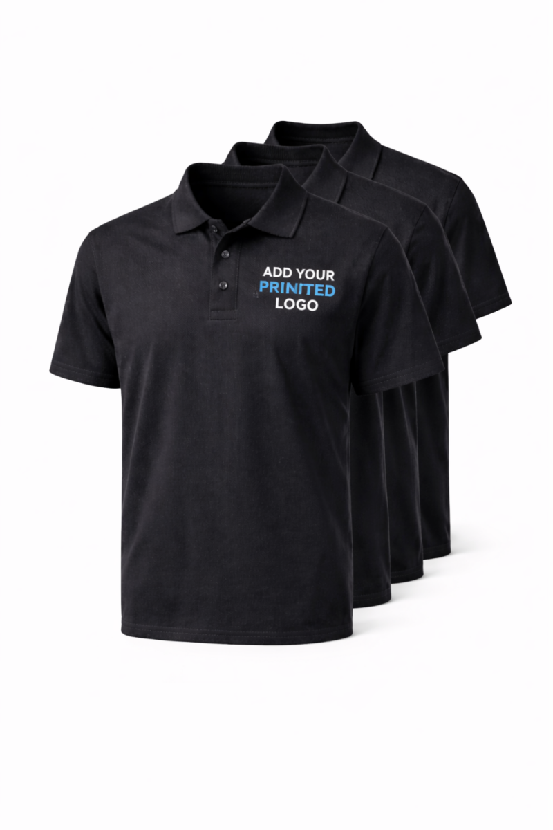 Pack of black custom printed polo shirts with example left chest printed logo for workwear uniforms and business branding.