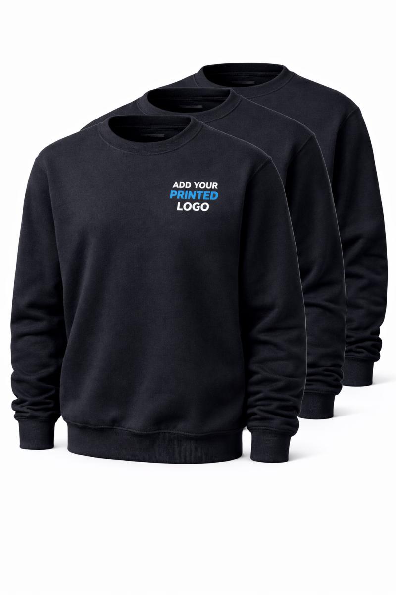 Pack of black custom printed sweatshirts with chest logo, workwear sweatshirts bundle for businesses, teams and staff uniforms in the UK.