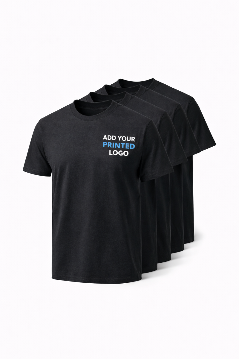 pack of black custom printed t shirts with add your printed logo on chest workwear t shirt bundle for teams and businesses
