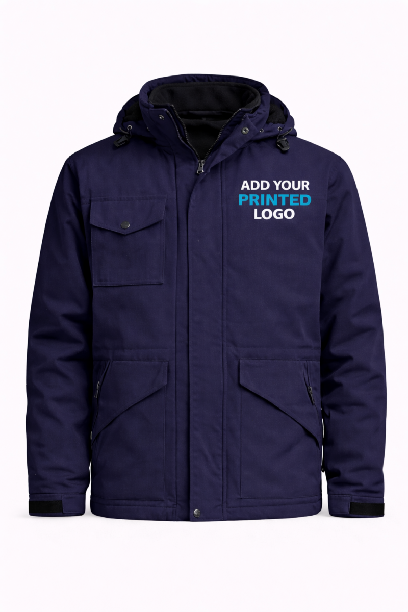 navy workwear jacket with add your printed logo on left chest for custom workwear branding