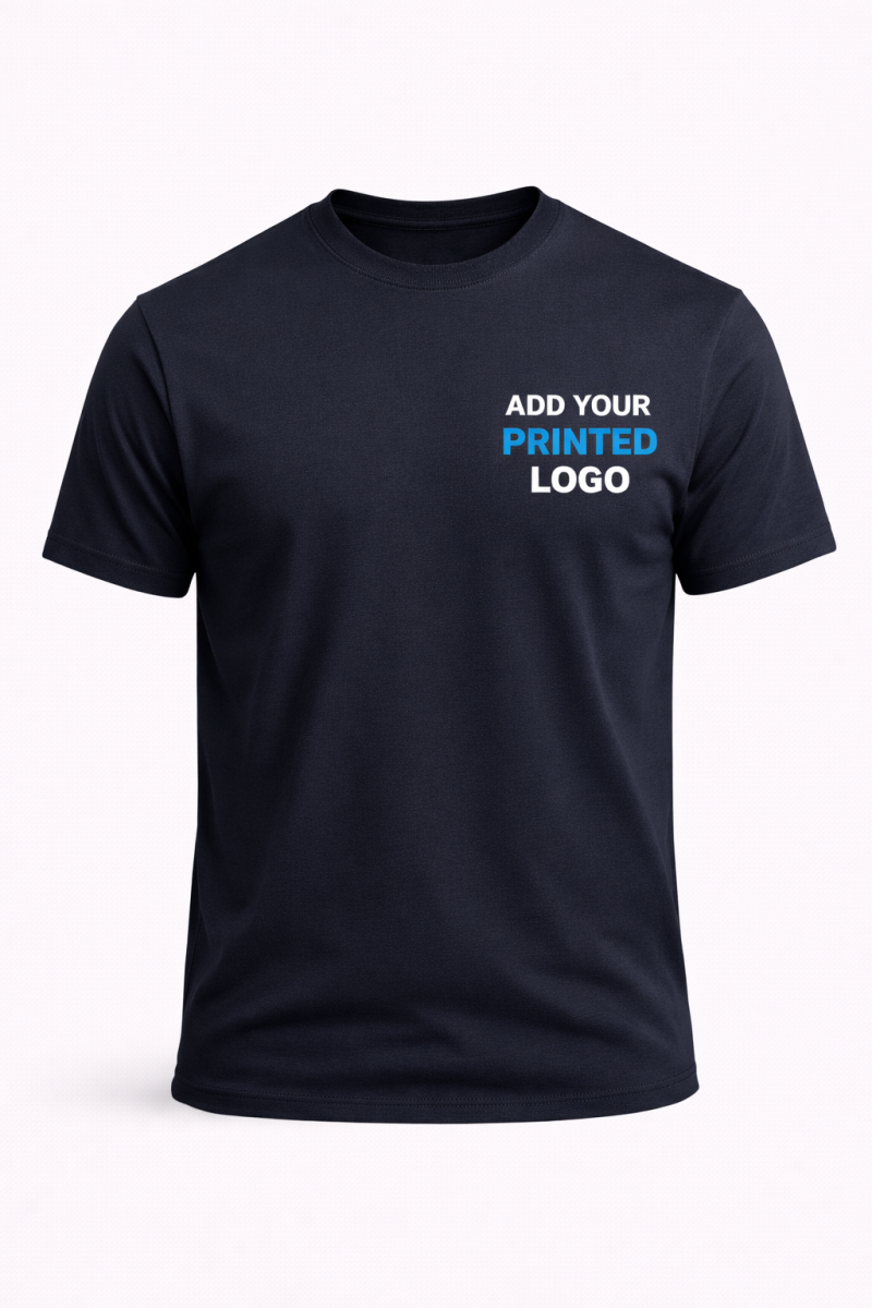 custom T-shirt with printed logo on left chest