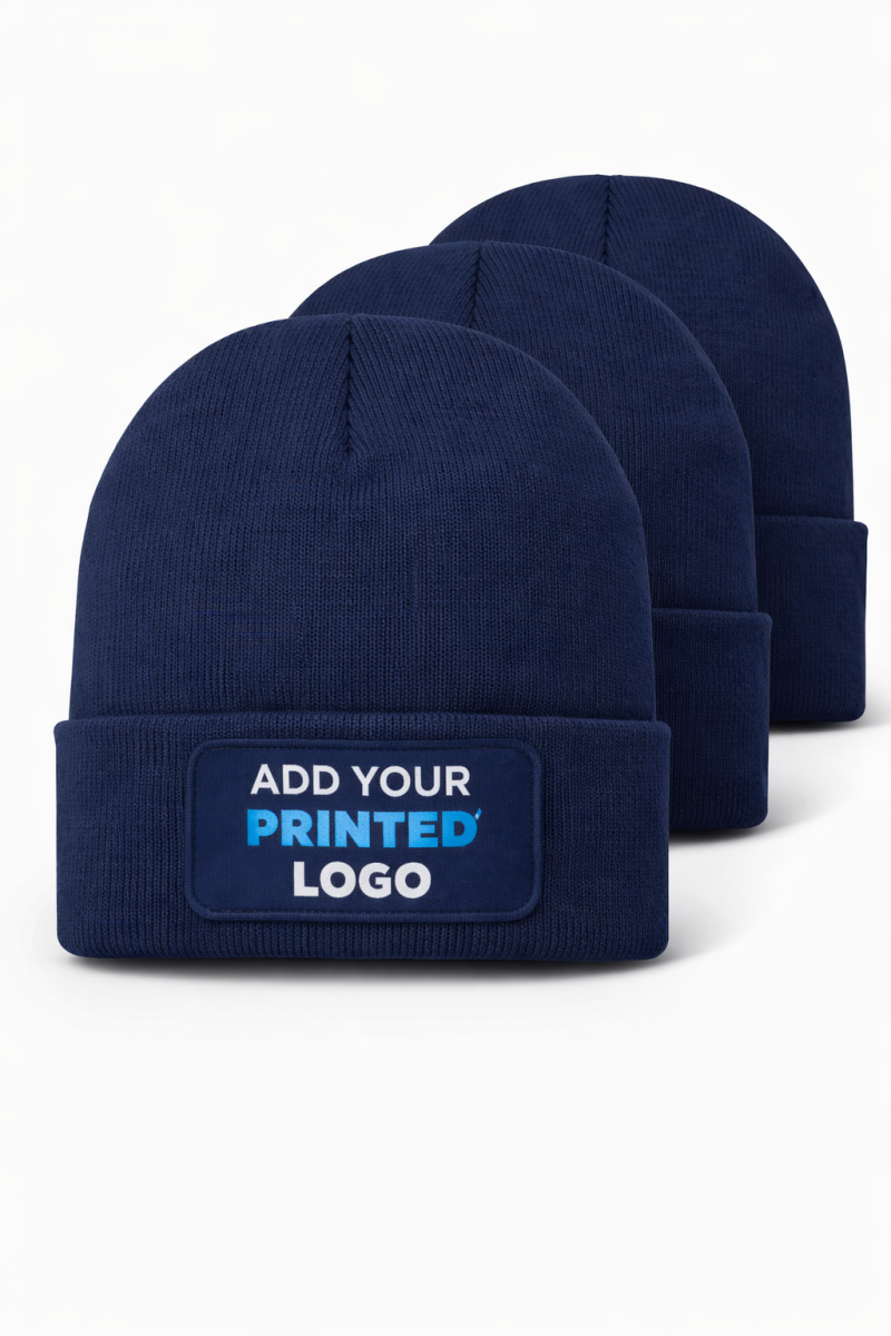 pack of navy cuffed beanies with custom printed logo patch for branded workwear hats