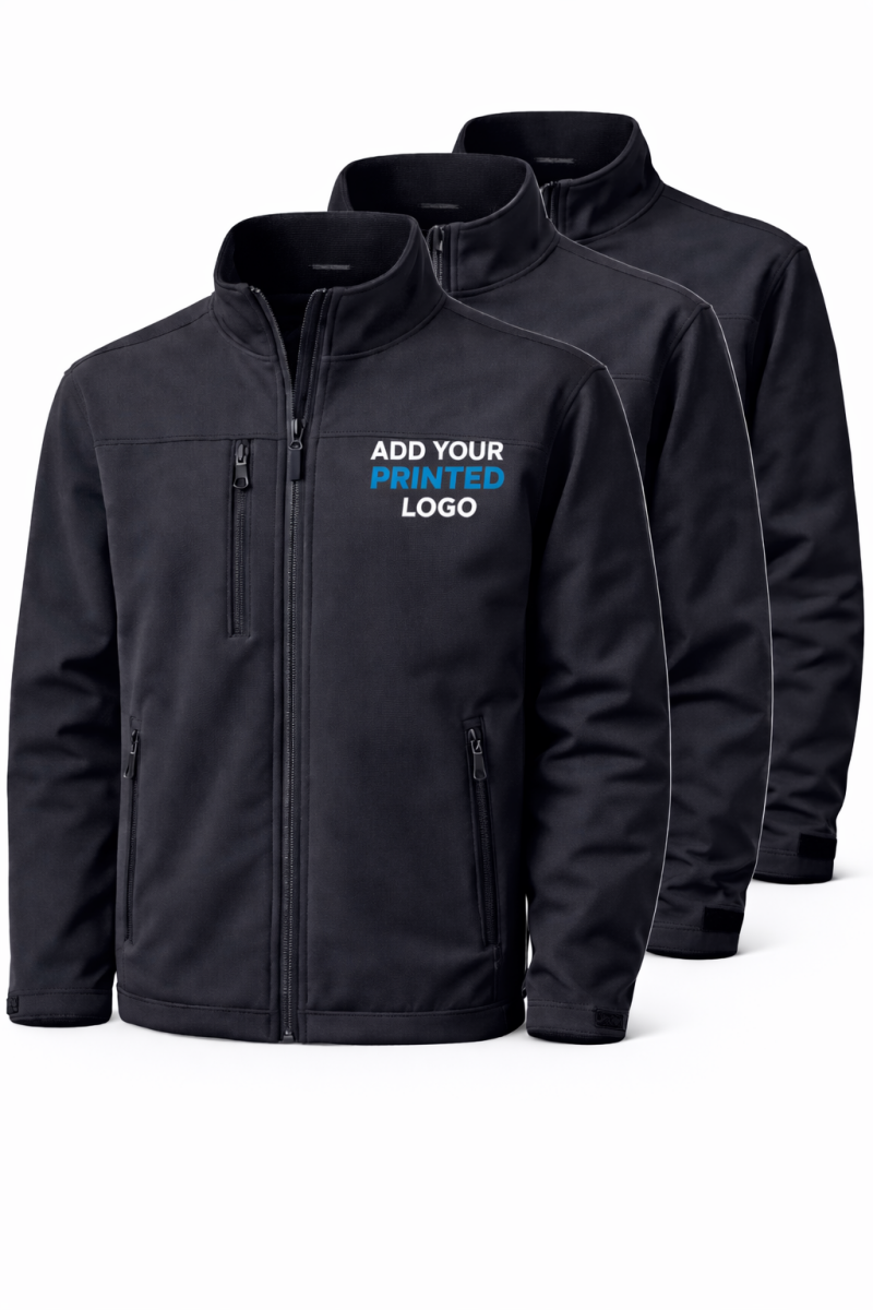 Pack of black custom Printed workwear jackets with chest logo, softshell jacket bundle for businesses, teams and staff uniforms in the UK