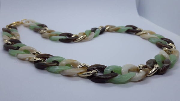 Ketting van kunststof schakels, kleur bruin, groen, beige, goud