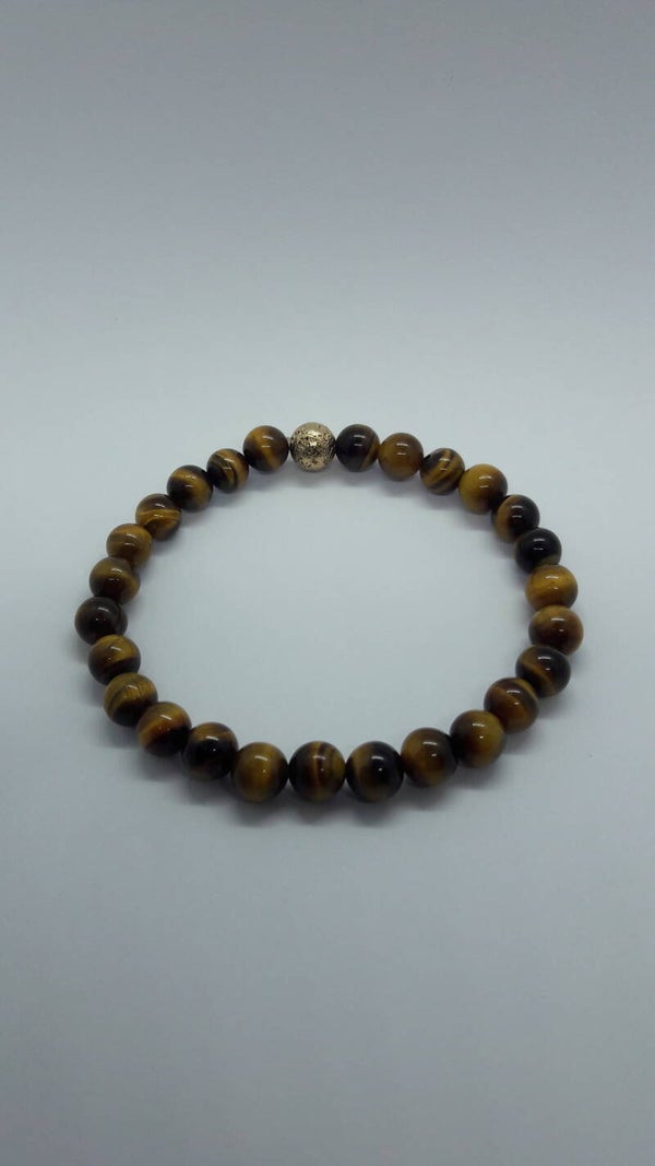Armband van gele Tijgeroog met goudkleurige Lavasteen