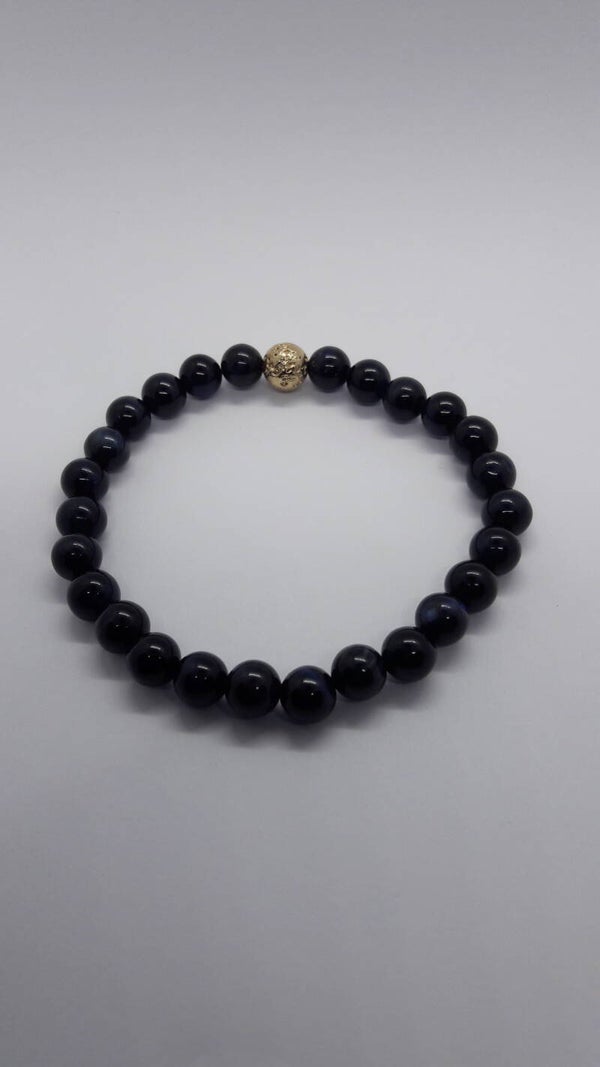 Armband van blauwe Tijgeroog met goudkleurige Lavasteen