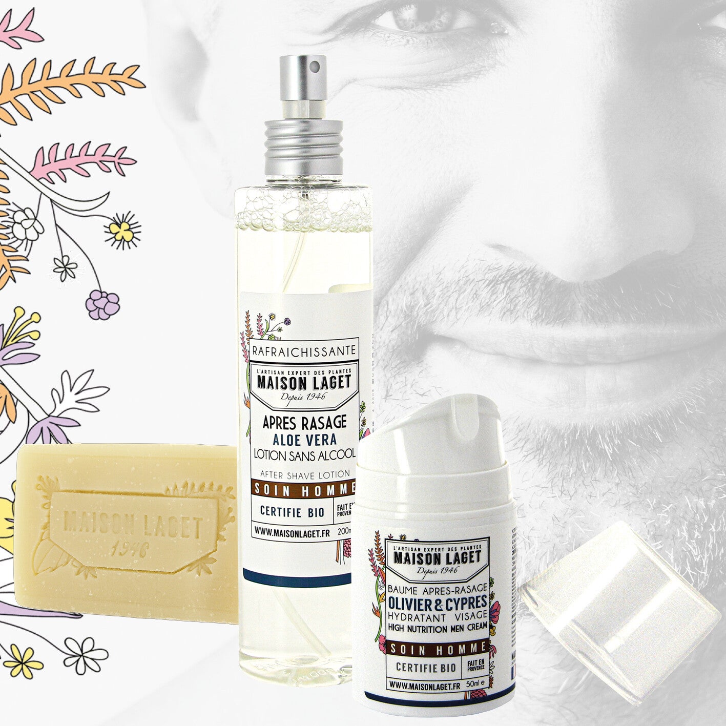 GESCHENKPAKKET BIO BARBER met  scheerzeep, aftershave en verzorgende balsem van MAISON LAGET