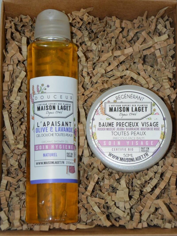 CADEAUBOX met DOUCHEGEL MET LAVENDEL en GEZICHTSBALSEM