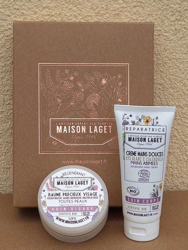 CADEAUBOX met RIJKE BIO GEZICHTSBALSEM en HANDCREME (of VOETENCREME) van MAISON LAGET