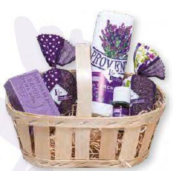 GESCHENKMANDJE met flesje etherische olie van LAVANDIN 10 ml, 2 Lavendelzakjes 18 gr, 1 gastendoekje provence en 1 Marseillezeep
