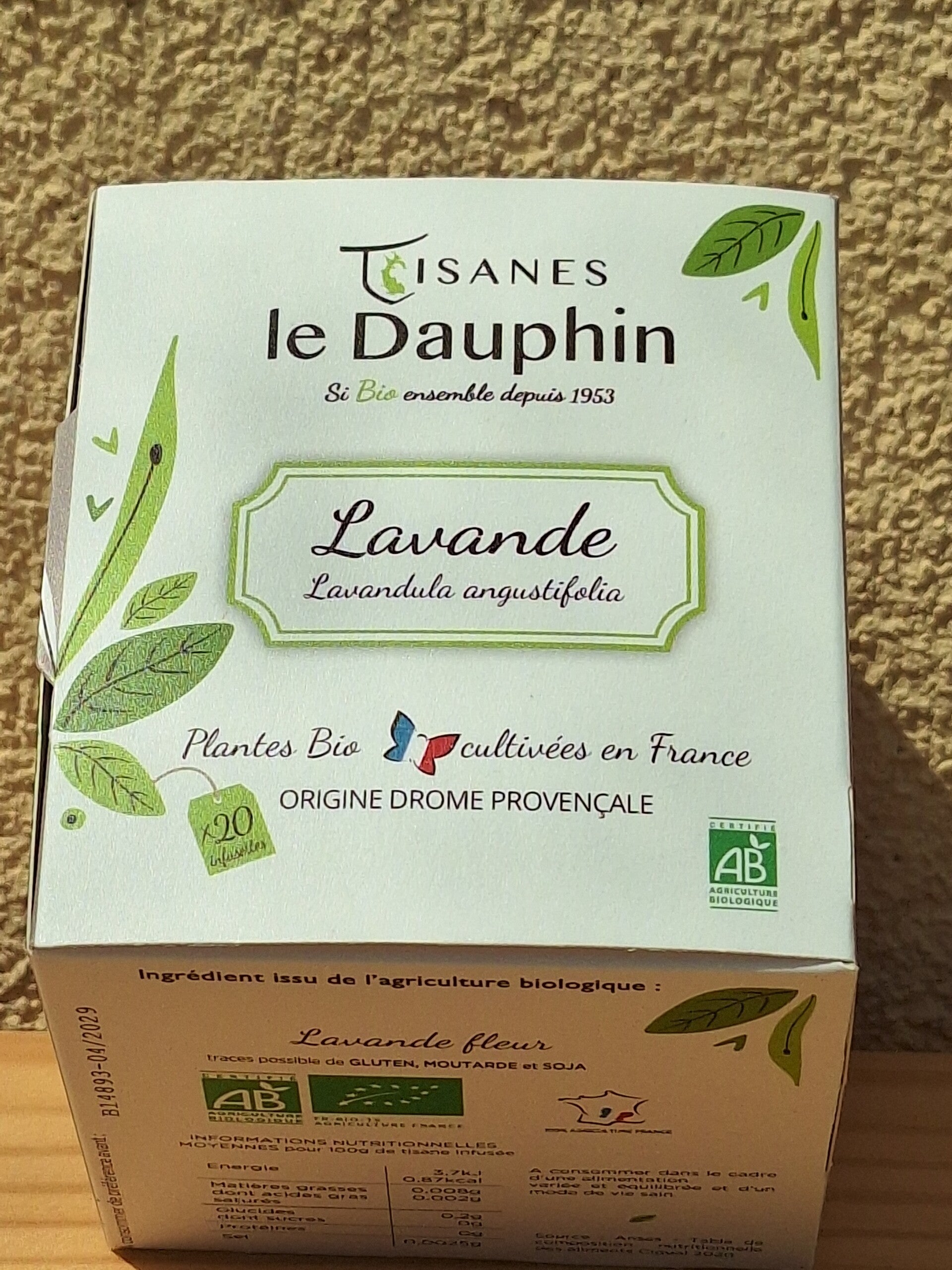 THEE van BIO LAVENDELBLOEMEN in doosje met 20 builtjes van LE DAUPHIN