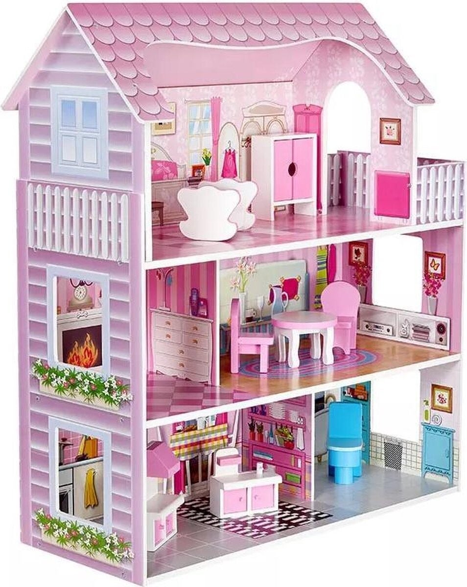 Max Kids - Poppenhuis - 3 verdiepingen - Roze - Inclusief meubels