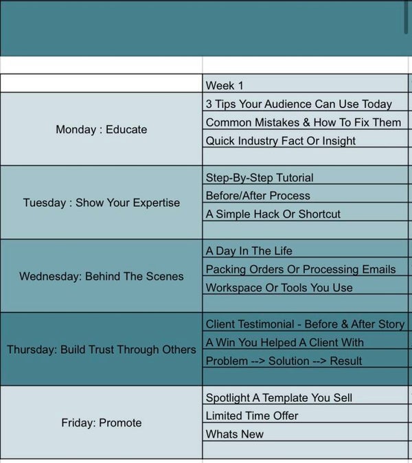 Excel Content Creator Calendar 1-4 Weeks