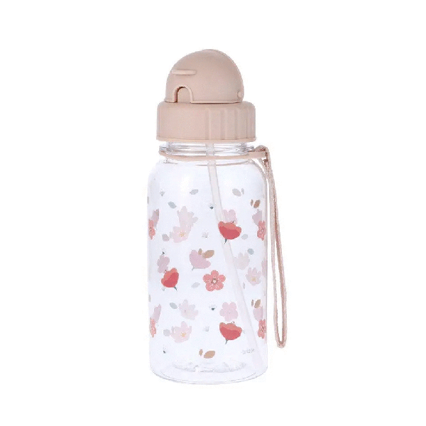 Drinkfles - roze - bloemen & blaadjes