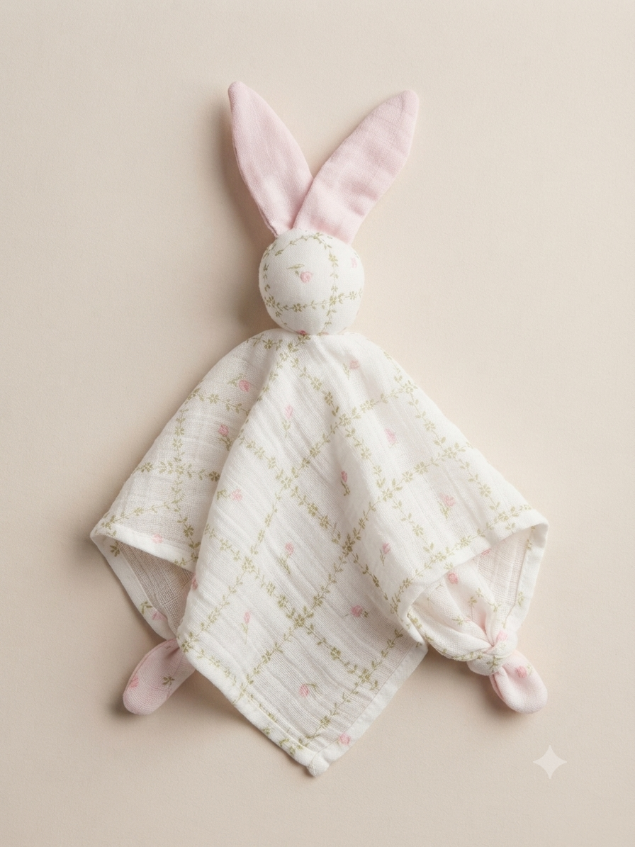 Doudou en Gaze de coton blanc avec fleurs rose