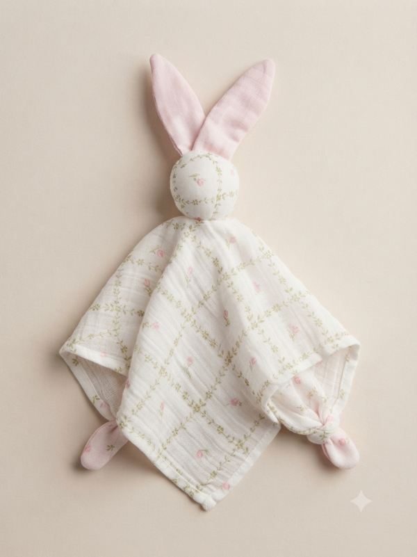 Doudou en Gaze de coton blanc avec fleurs rose