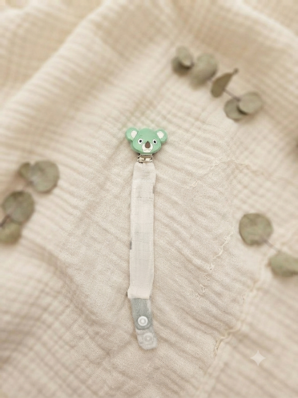 Attache tétine en Gaze de Coton Koala vert / blanc et gris
