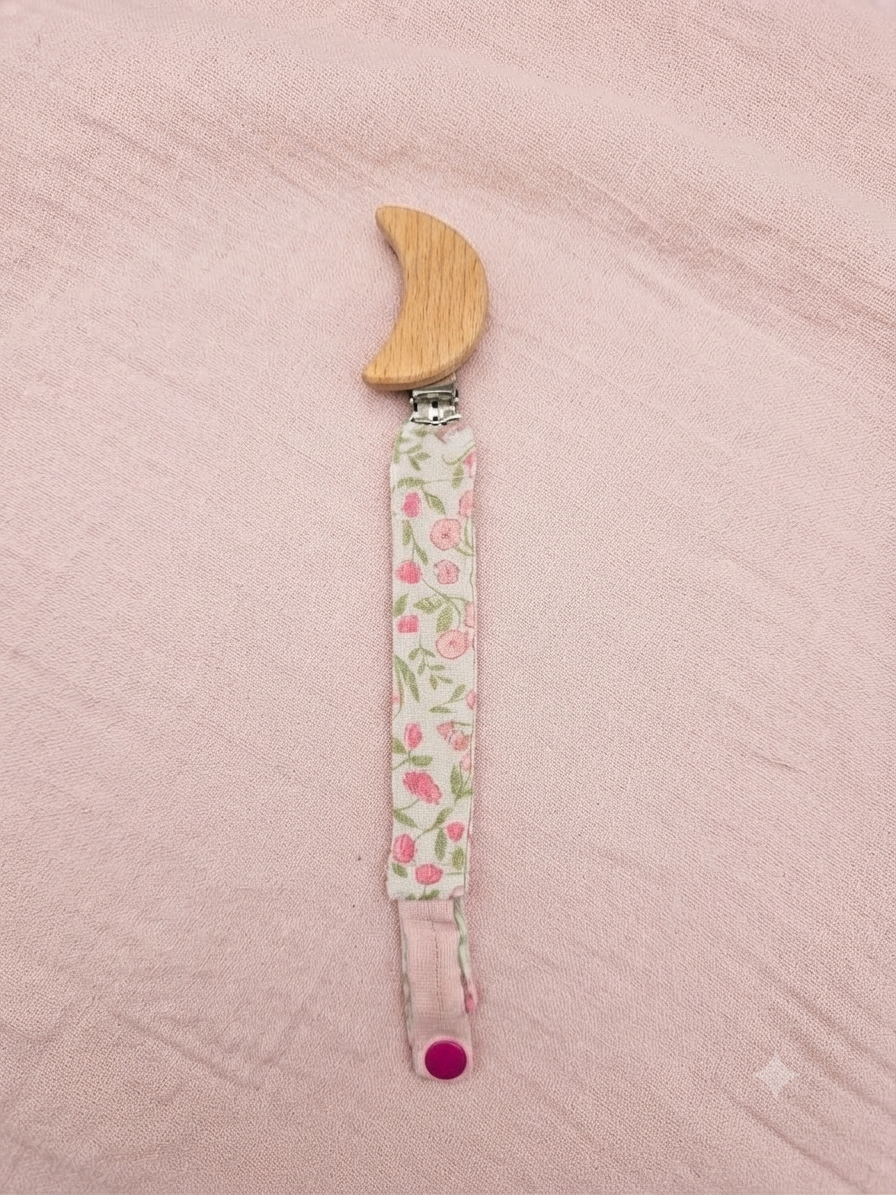 Attache tétine en Gaze de Coton Lune /Fleurs Rose