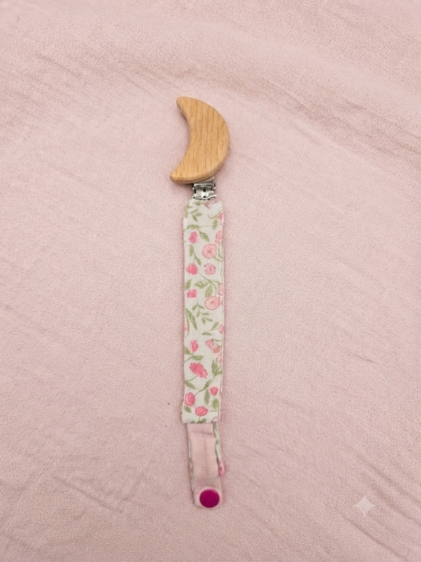 Attache tétine en Gaze de Coton Lune /Fleurs Rose