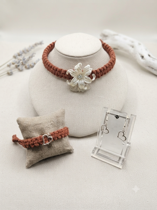 Parure en Macramé Marron/Rouge Fleur