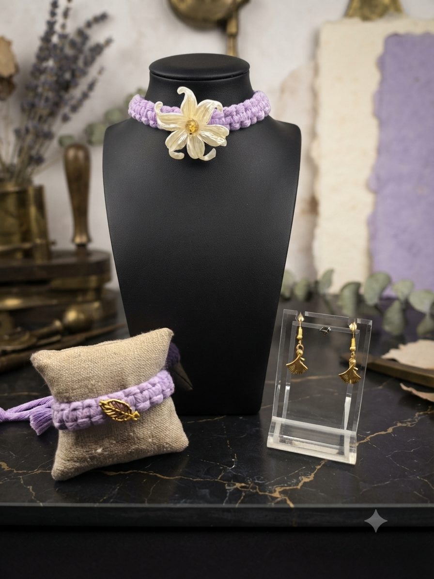 Parure en Macramé Violet,  dorée